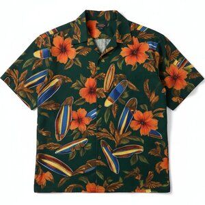 Vintage Tamare Hawaiian Surfboard Hibiscus Floral Camp Shirt Mens M